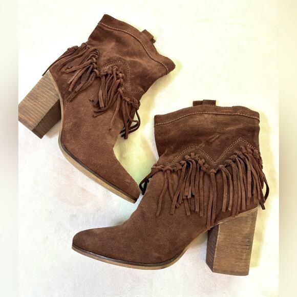 Aldo Kycia Chestnut Brown Suede Fringe Trim Boho Ankle Boot 7.5 - Picture 2 of 6